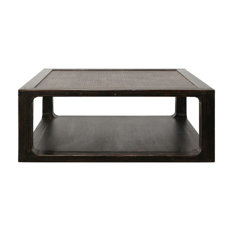 Milo Square Coffee Table with Rattan Top Distressed Blackwash 50x50x19H
