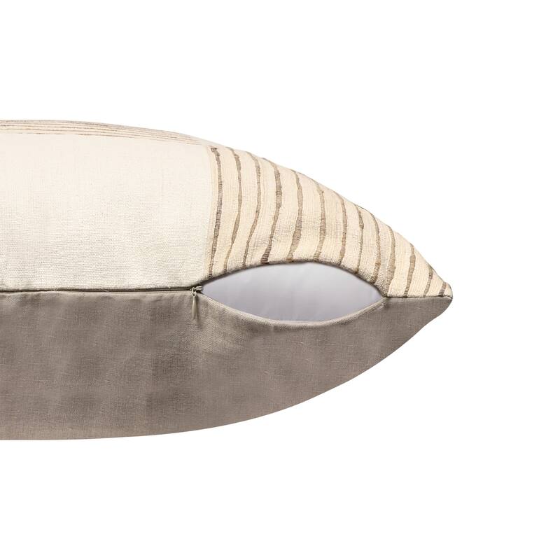 Handwoven Silk Patchwork Square Throw Pillow Cover - 24" - Cream and Beige