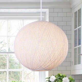 1-Light Beige Single Globe Pendant with Hand-Woven Rattan Shade. - 17.7"