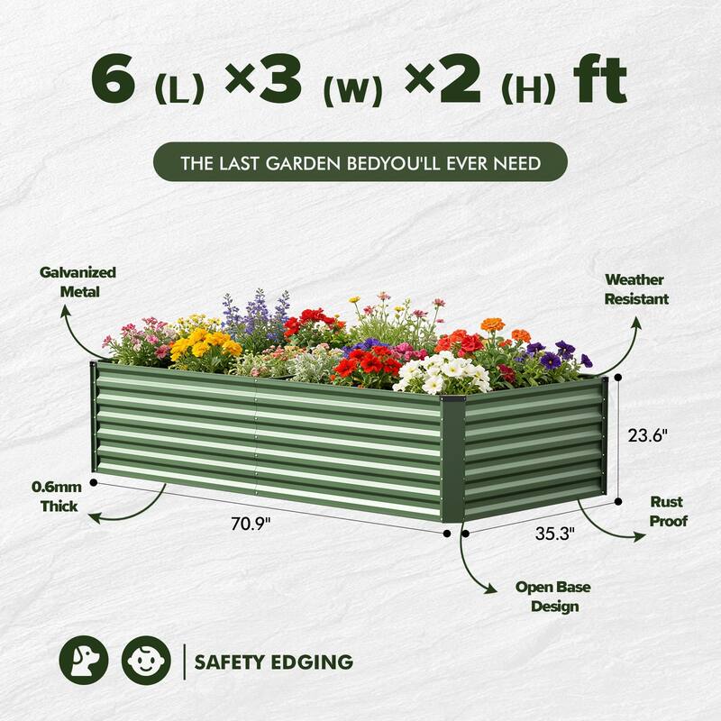Meyreso 6ft x 3ft x 2ft Galvanized Metal Raised Garden Bed, Durable Outdoor Planter, Rust Resistant, Safety Edging