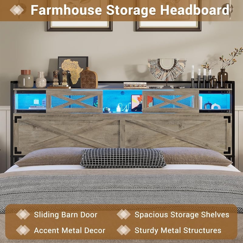 Farmhouse Bed Frame Storage Headboard Sliding Barn Door