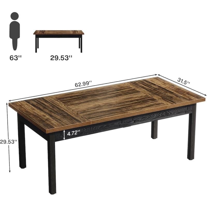 63" Executive Office Desk - Rustic Computer Table with Thick Wood Top, Large Writing Desk with Metal Frame & Back Splash