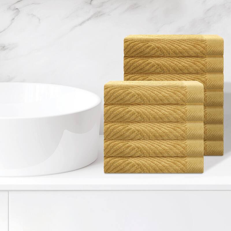 12 Pack Striped Bath Washcloths Set, Cotton, Body and Face Towels for Hotel, Spa, Bathroom 14" x 14" - Yellow