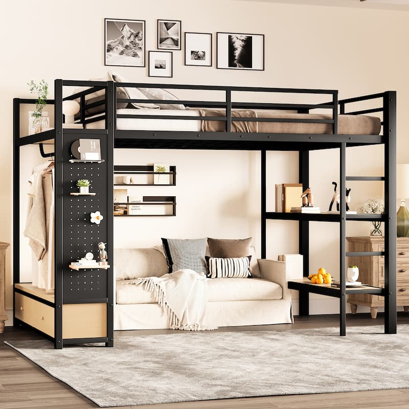 Metal Loft Bed with Wardrobe and Storage Shelves - Full