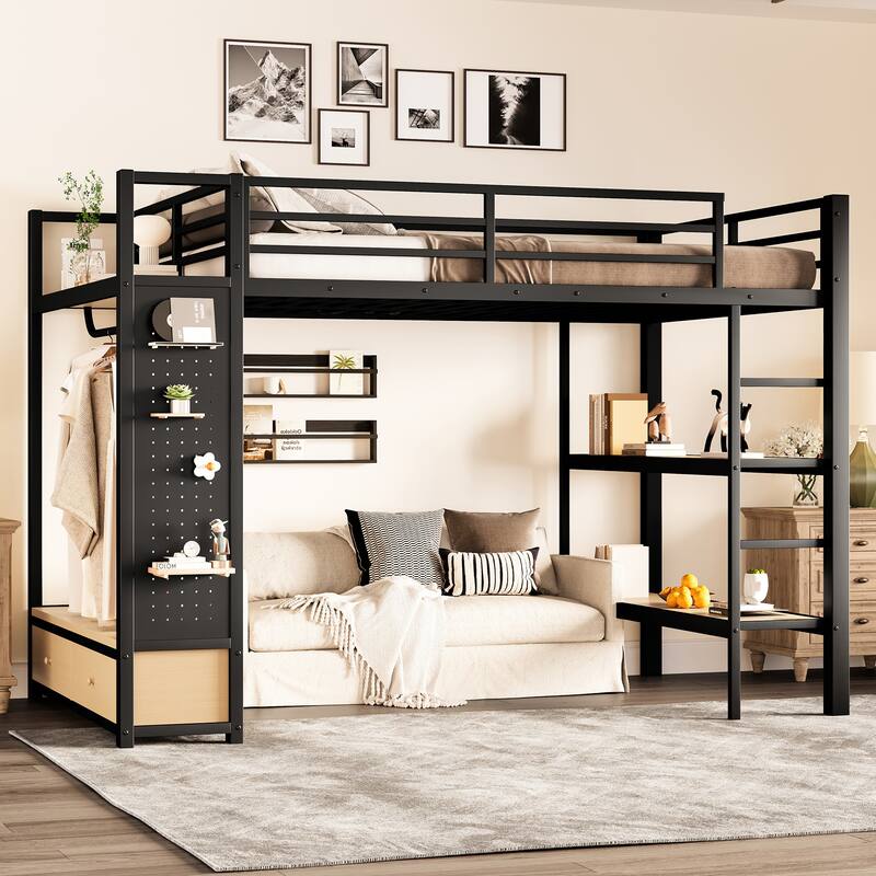 Modern Full Metal Loft Bed with Integrated Closet, Open Shelves, Pegboard and Storage Drawers, Safety Guardrails & Sturdy Ladder