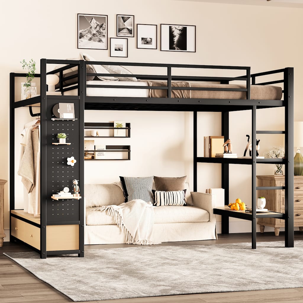 Roomfitters Full/Queen Size Metal Loft Bed Frame with Wardrobe, Storage Shelves & Pegboard, Space-Saving Functional Design