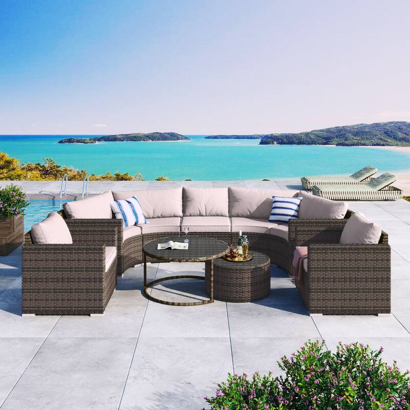 9-Piece Curved Outdoor Wicker Sectional Sofa Set with Overlapping Coffee Tables, Cushions, Modular Half-Moon Design