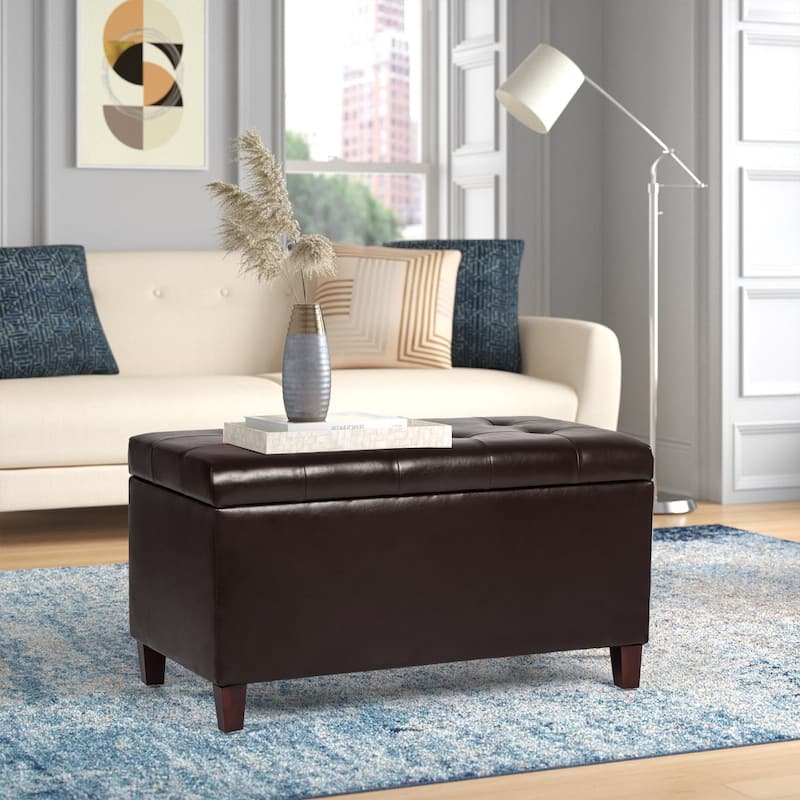 Adeco Rectangular Storage Ottoman Faux Leather Bench Lift-top Footrest - DarkBrown-Faux-Leather