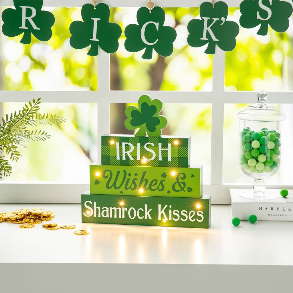 Glitzhome 11.5"H Lighted St. Patrick's Wooden Block Table Sign