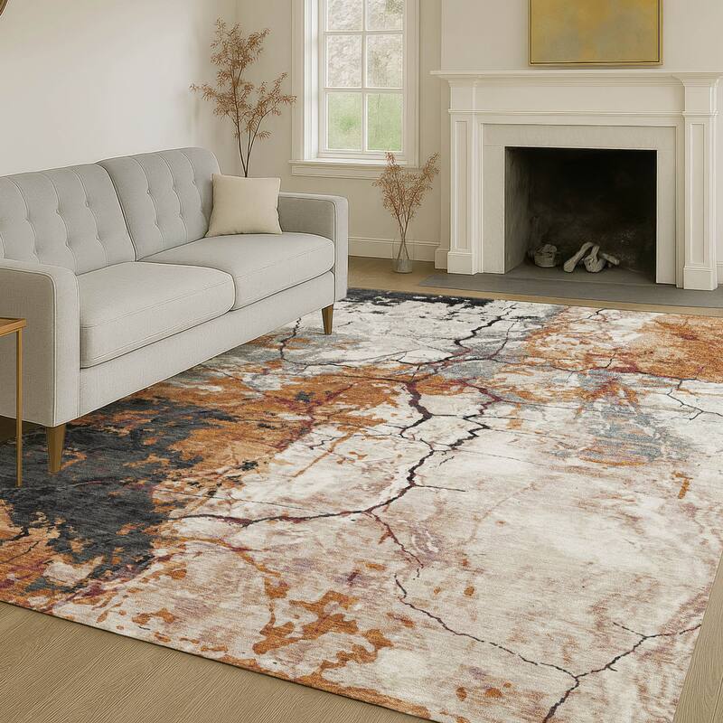 Machine Washable Indoor/ Outdoor Modern Crackle Chantille Rug