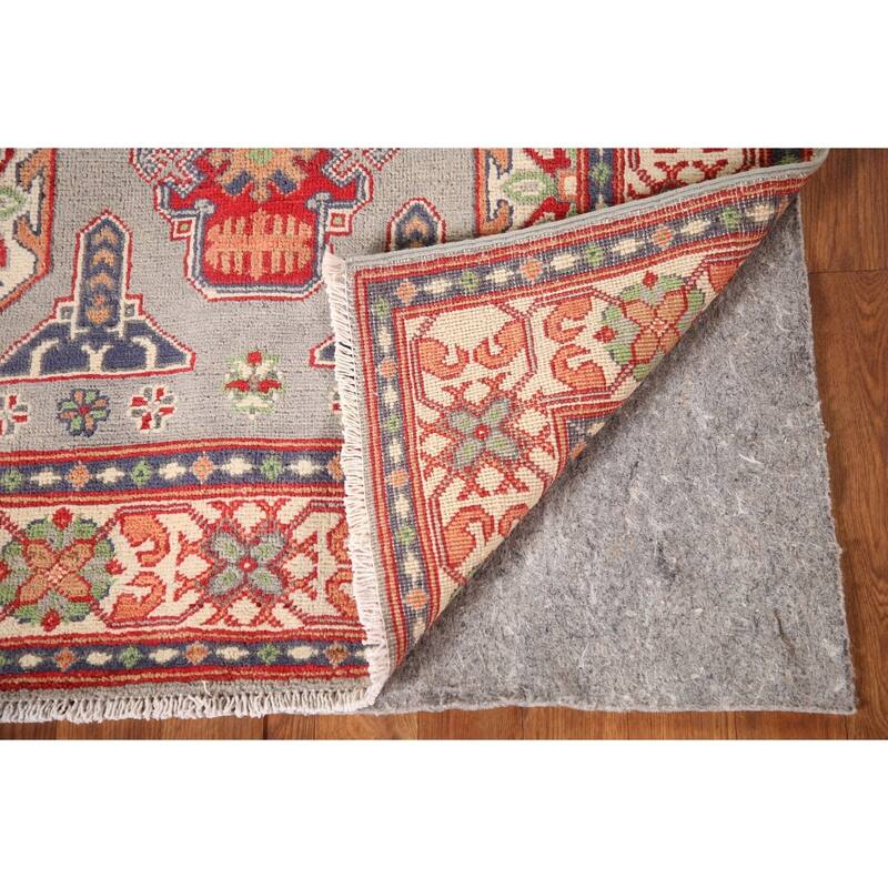 Geometric Kazak Rug Hand-Knotted Grey Wool Carpet - 3'3"x 4'10"