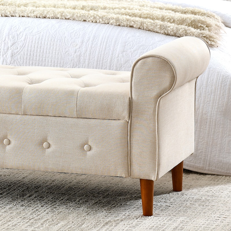 62" Bedroom Tufted Button Storage Bench, Modern Fabric Upholstered Ottoman,Window Bench,Rolled Arm Design for Bedroom