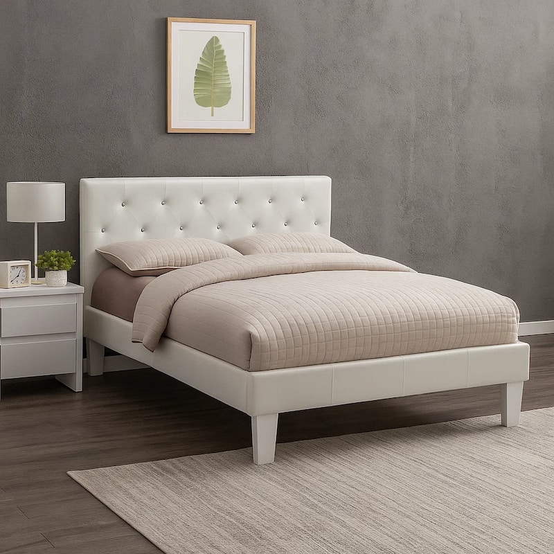 Legy Twin Size Bed, Button Tufted White Faux Leather Upholstery