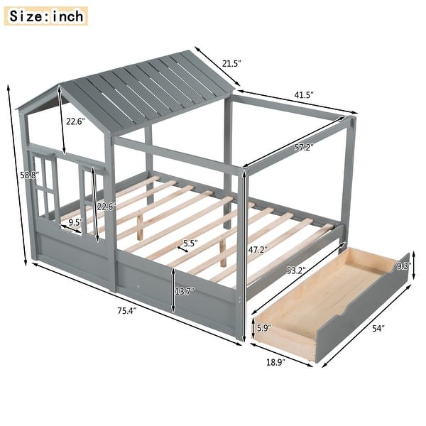 Full House Bed for Kids Girls Boys, Solid Wood Platform Bed Frame w ...