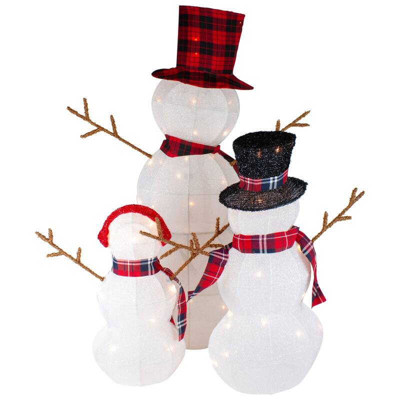 Lighted Tinsel Snowmen Family Christmas Outdoor Decorations - Clear Lights - Set of 3 - White
