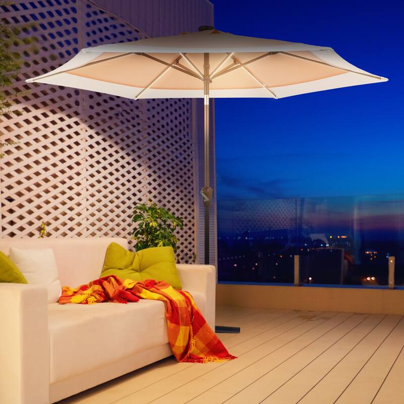 Sidney 9 ft. 2-Tone Solar LED Market Patio Umbrella with 12 LED Strip Lights, Auto-Tilt, Crank and UV Protection, by JONATHAN Y