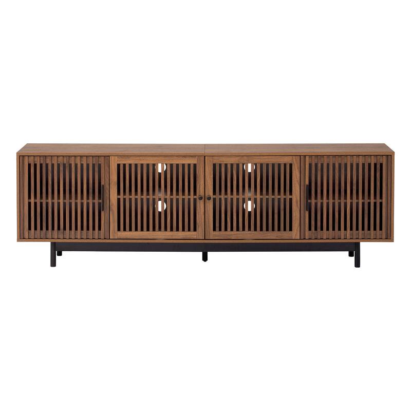 TV Storage Stand for TVs up to 85", Boho Entertainment Center with Louvered Door, Media Storage Console with 4 Cabinets