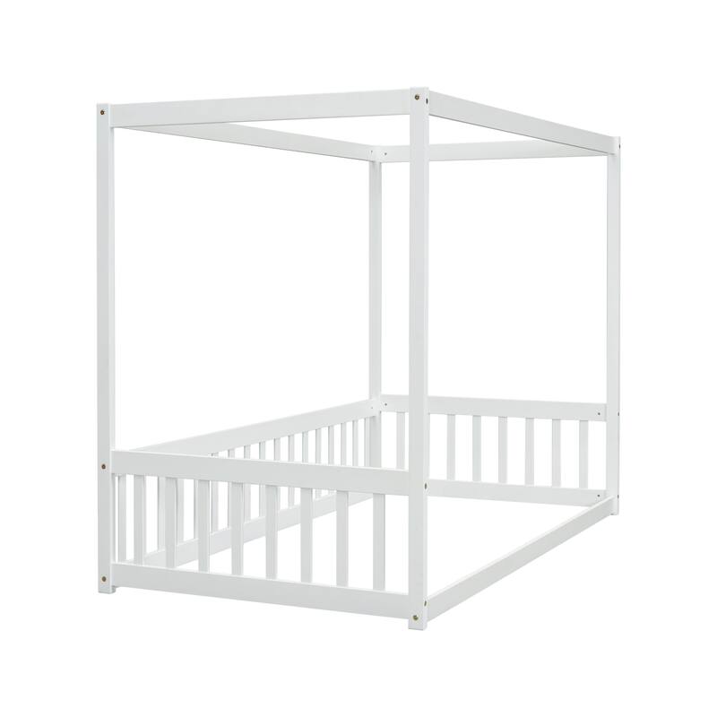 Kids Twin Canopy Floor Bed with Guardrails, Wooden Frame, Ideal for Play & Sleep