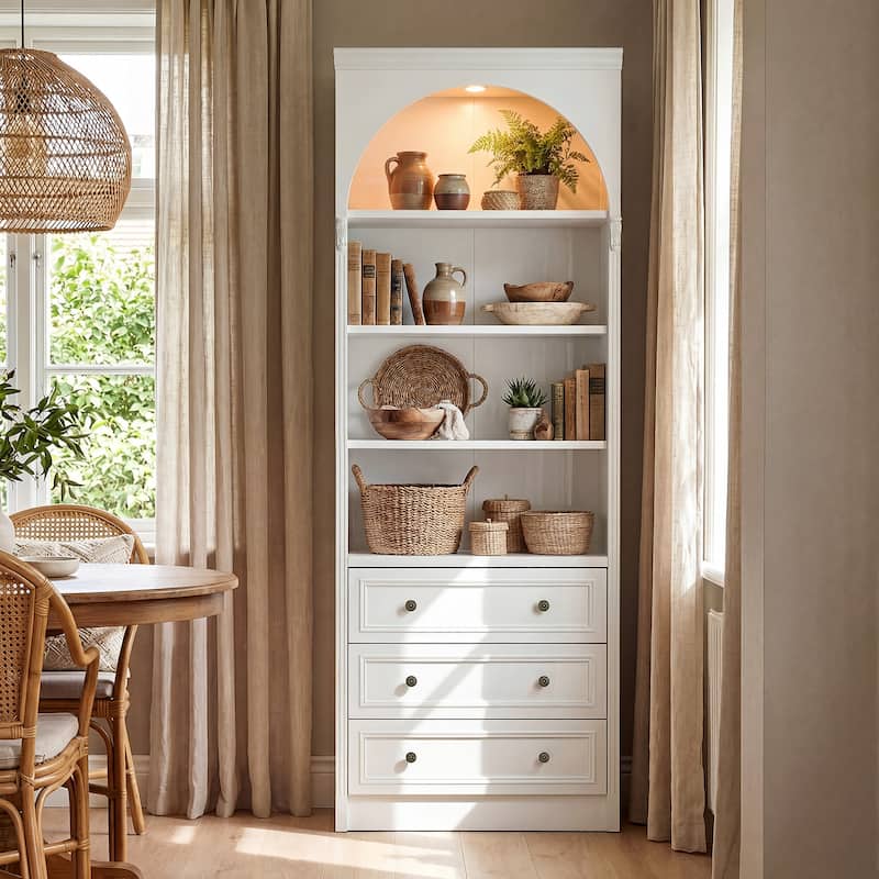 Modular White Bookcase with LED Lights & Glass Doors, 86.6" Tall Arched Display Cabinet Solid WoodStorage Cabinet - 31.5"W(3Drawer)Only