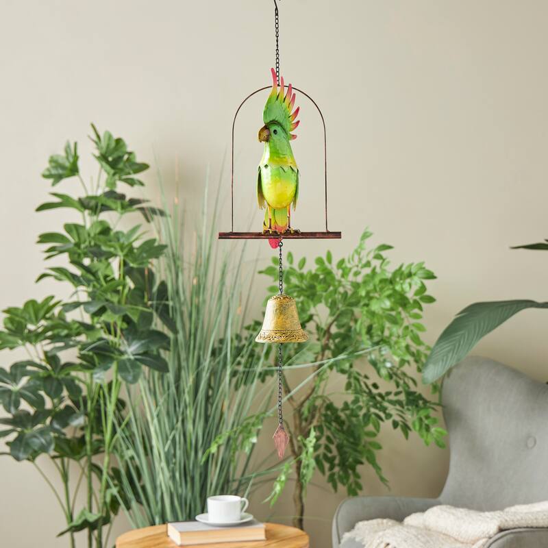 Green Metal Handmade Perched Parrot Windchime with Hanging Bell - Green