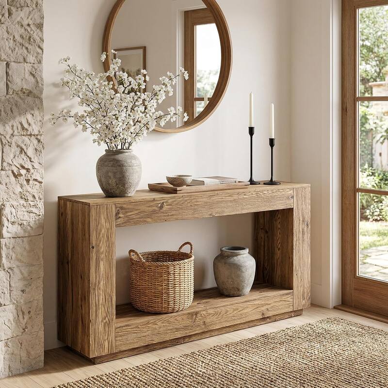 59" Solid Wood Entryway Table, 2-Tier Console Table with Open Storage - Wood Brown