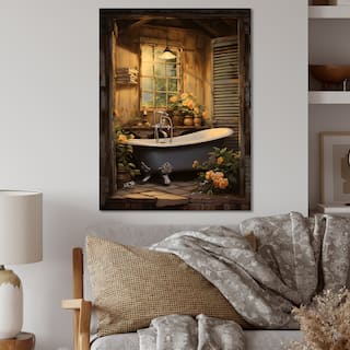 Designart "Brown Rustic Bathroom Retrait" Bathroom Metal Wall Art - Brown Metal Wall Décor Modern Metal Art Work