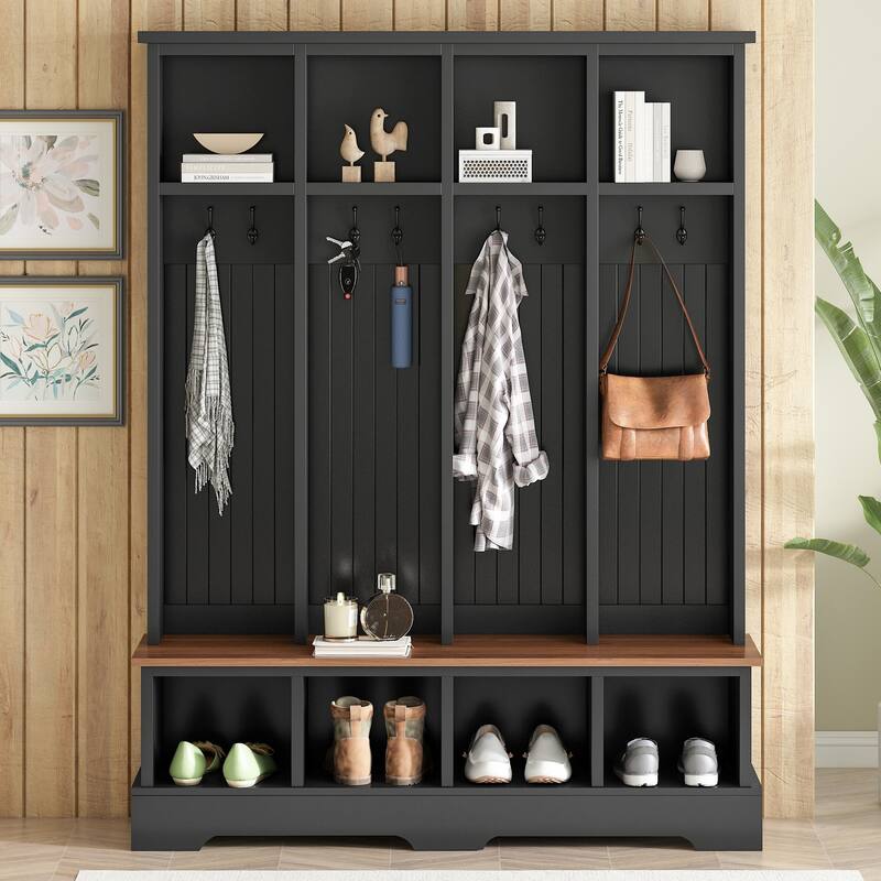 59"W Farmhouse Hall Tree Bench, 8-Hook Coat Rack & Shoe Storage, 76.7"H Modern 3-in-1 Entryway Organizer for Living Room - Black