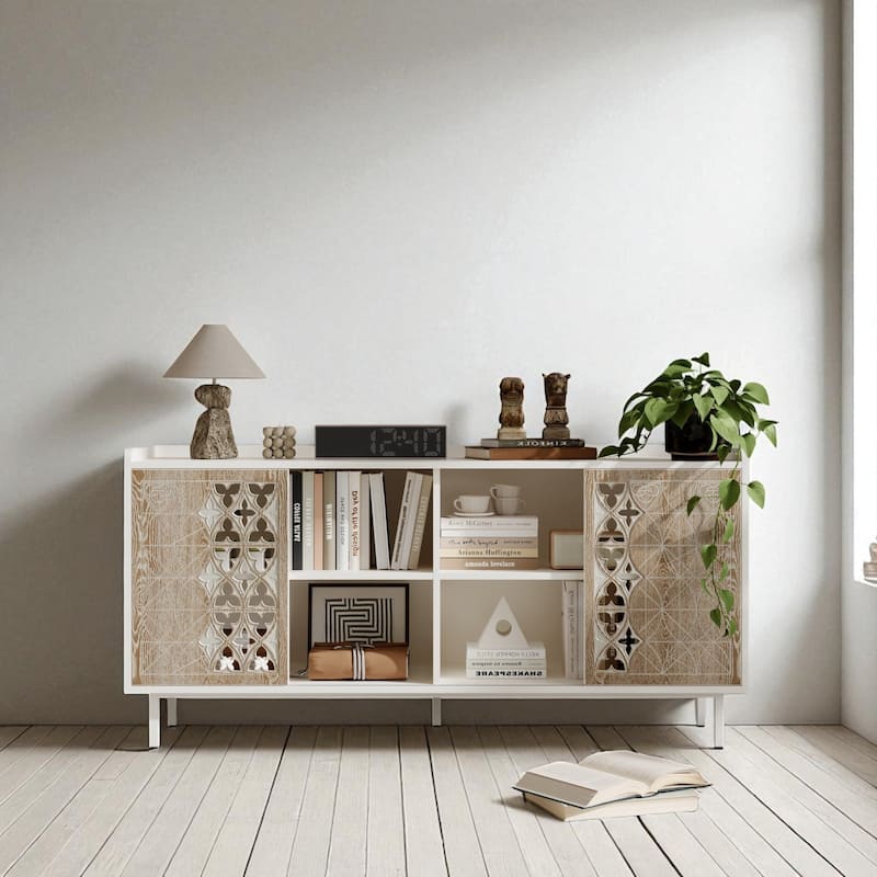 Rustic White Sliding Door Sideboard Cabinet with Shelves - Farmhouse Buffet Console for Dining Room Storage