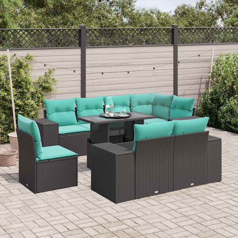 vidaXL Patio Sofa Set with Cushions Table and Couches 9 Piece Poly Rattan - Black without storage - 24.4" x 24.4" x 27.2"