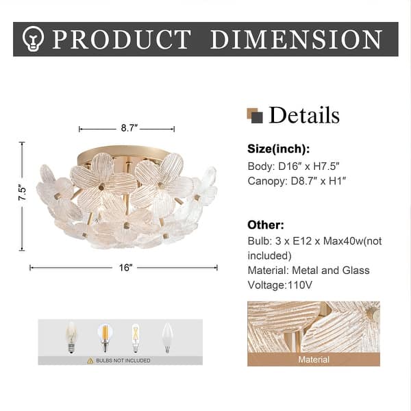 dimension image slide 1 of 2, Frieda Modern 3-Light 16" Clear Glass Flower Flush Mount
