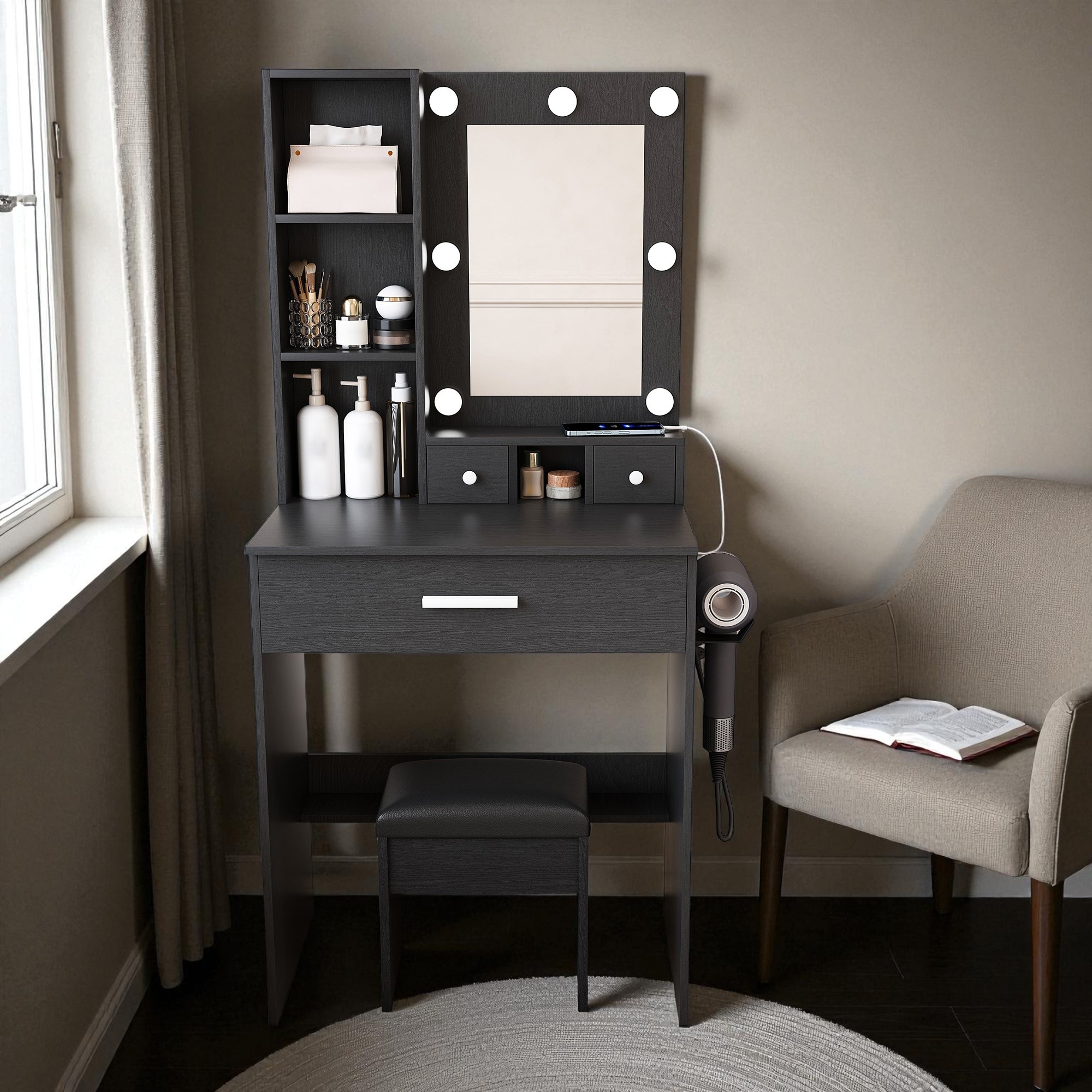 Vanity Table with Mirror and LED Lights, Power Outlet, Hair Dryer Holder, Drawer Storage and Cushioned Stool for Small Bedrooms