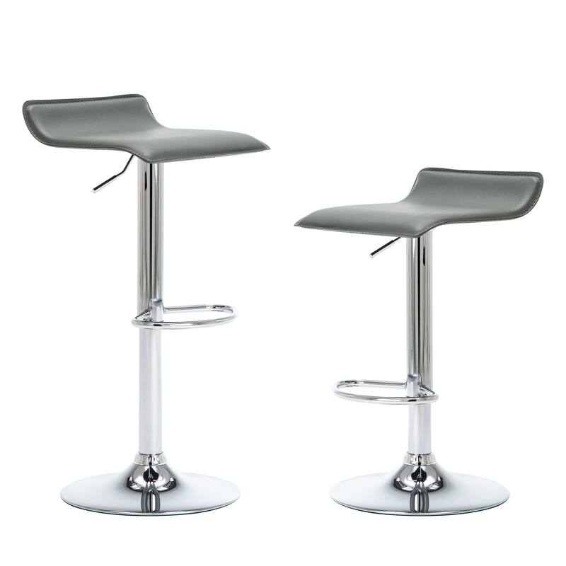 Faux Leather Upholstered Adjustable Barstools Airlift Counter Bar Pub Height Stools Set of 2 - Grey/Silver