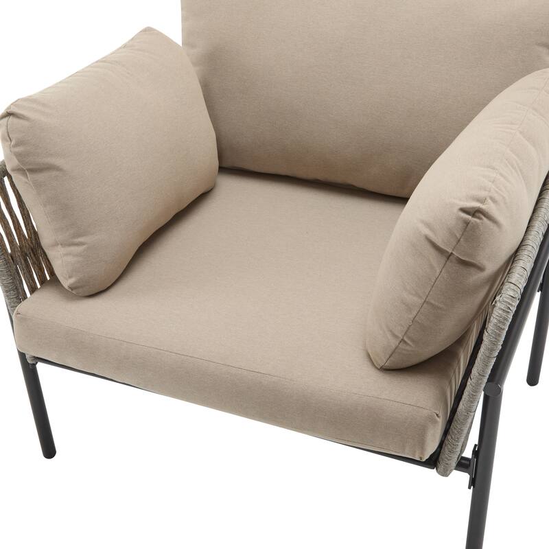 Outdoor Rope Weave Lounge Chair, Modern Patio Accent Armchair with Metal Frame & Cushions for Backyard, Balcony, Living Room