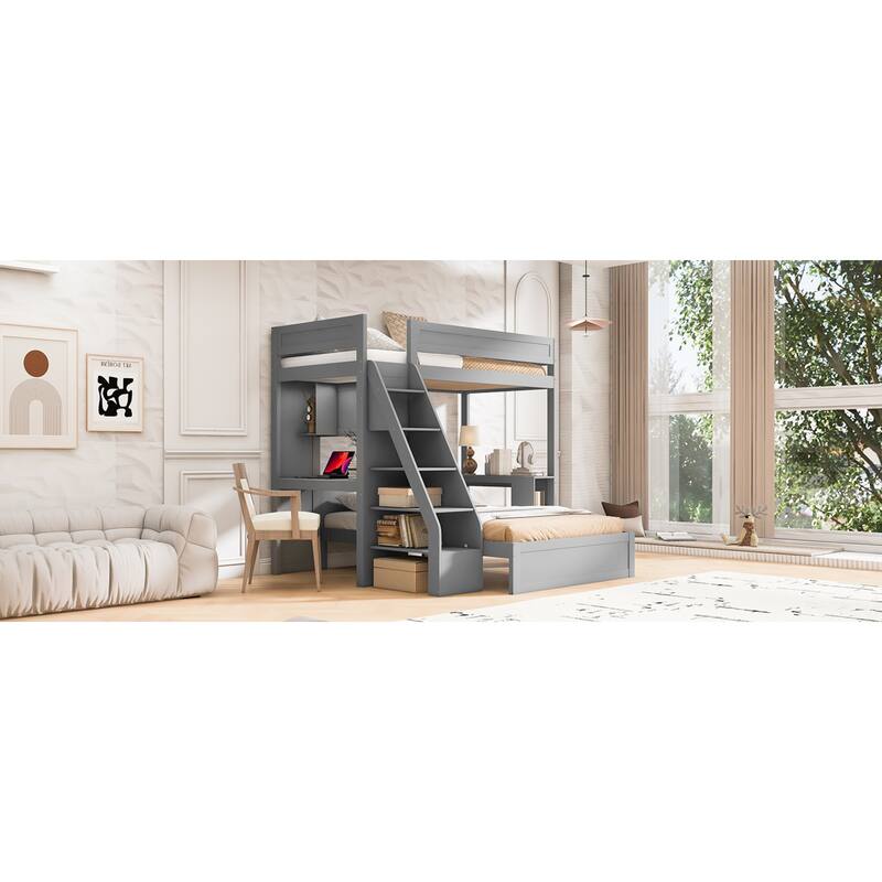 Roomfitters Twin XL Over Full Bunk Bed with Built-In Desk, USB Port and Shelves
