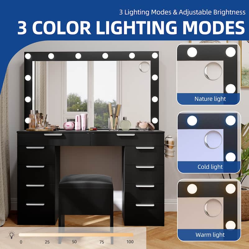 Moasis Mirror and Lights Vanity Desk Makeup Vanity Set with Glass Top and 10-Drawer, Charging Station, Dressing Table