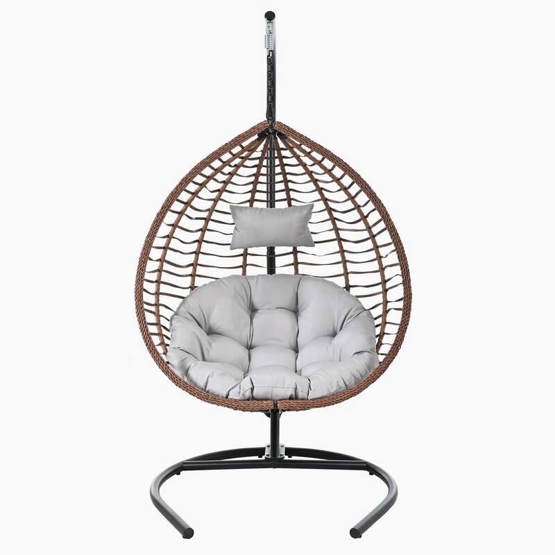 Indoor Outdoor Hanging Hammock Chair with Stand, Foldable Rattan Egg Swing Chair with Cushion & Headrest