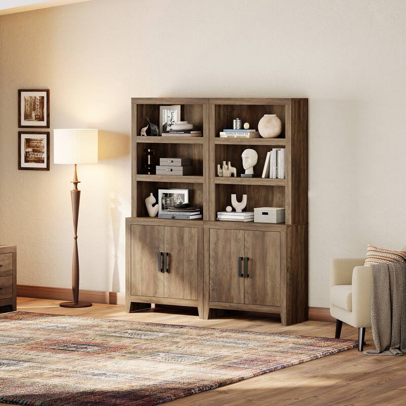 74" Tall Bookshelf with Door, Farmhouse Bookcase with Adjustable Shelf and Storage Cabinet for Living Room, Office