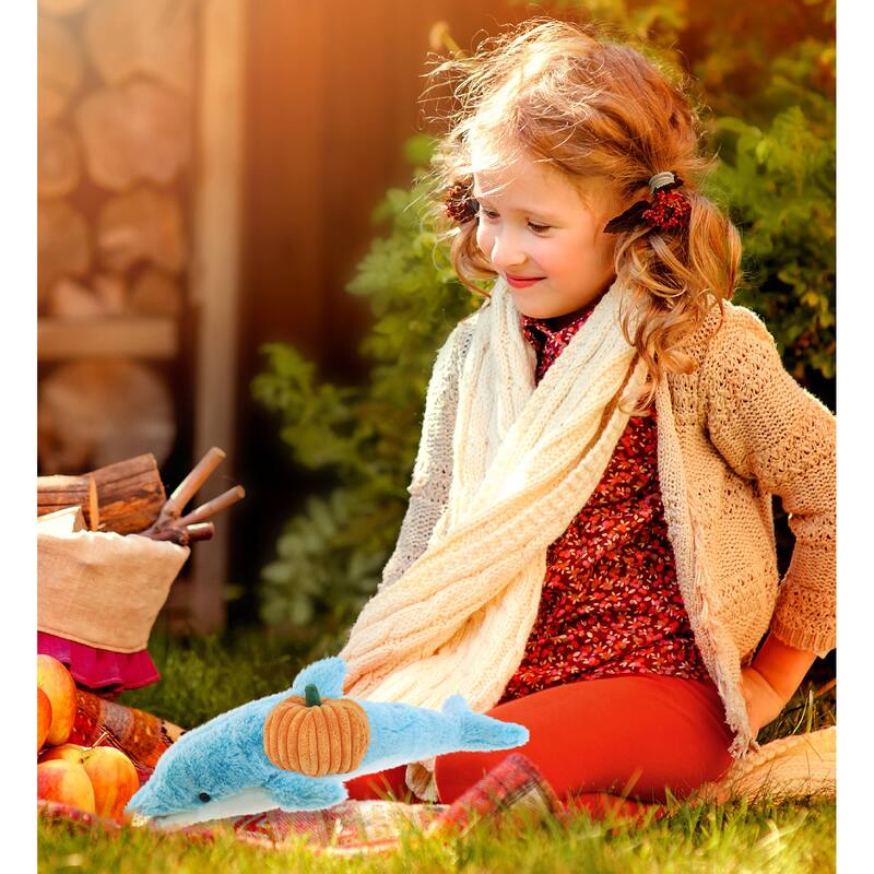 DolliBu Super Soft Dolphin Stuffed Animal with Pumpkin Decor - 14 inches