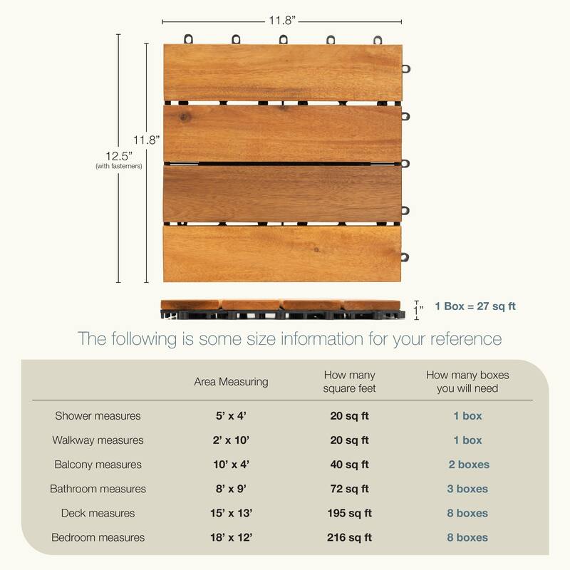 10pcs Acacia Wood Interlocking Flooring Tiles Waterproof Flooring for Outdoor & Indoor Patio, Balcony, Garden, Poolside