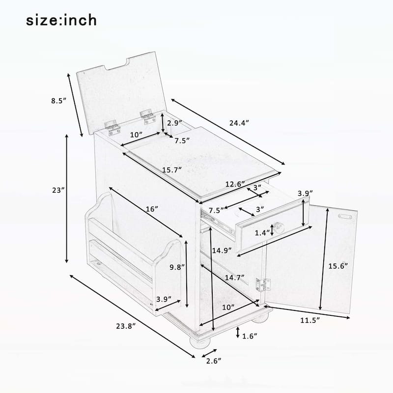 Vintage Side Table Flip Top with Flip Top,USB Ports,Multifunctional Drawer,Bookshelf for Living Room