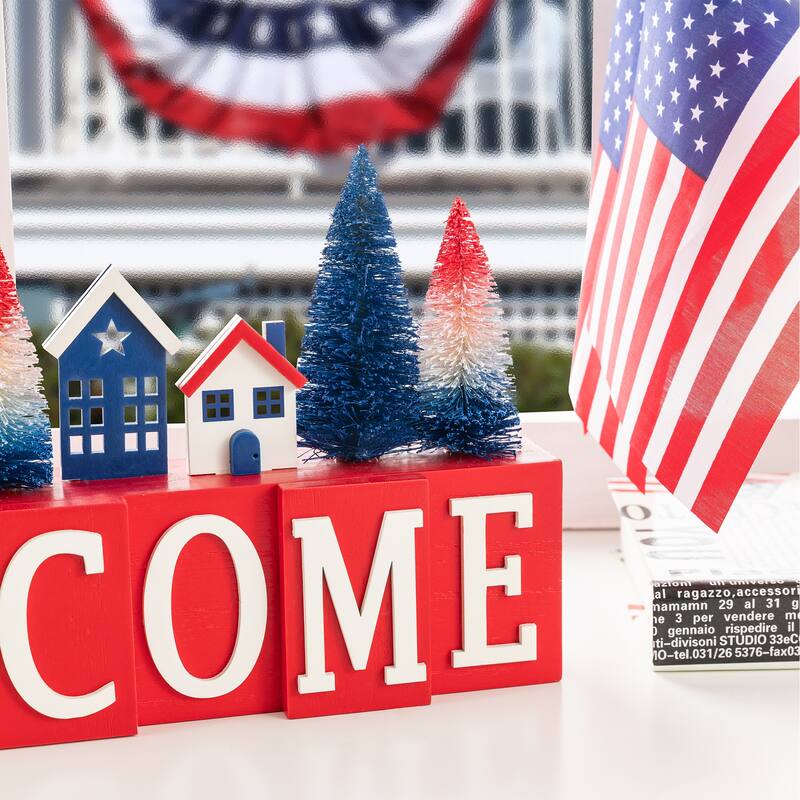 Glitzhome 14''L Patriotic/ Americana Wooden House Brush Trees Table Decor