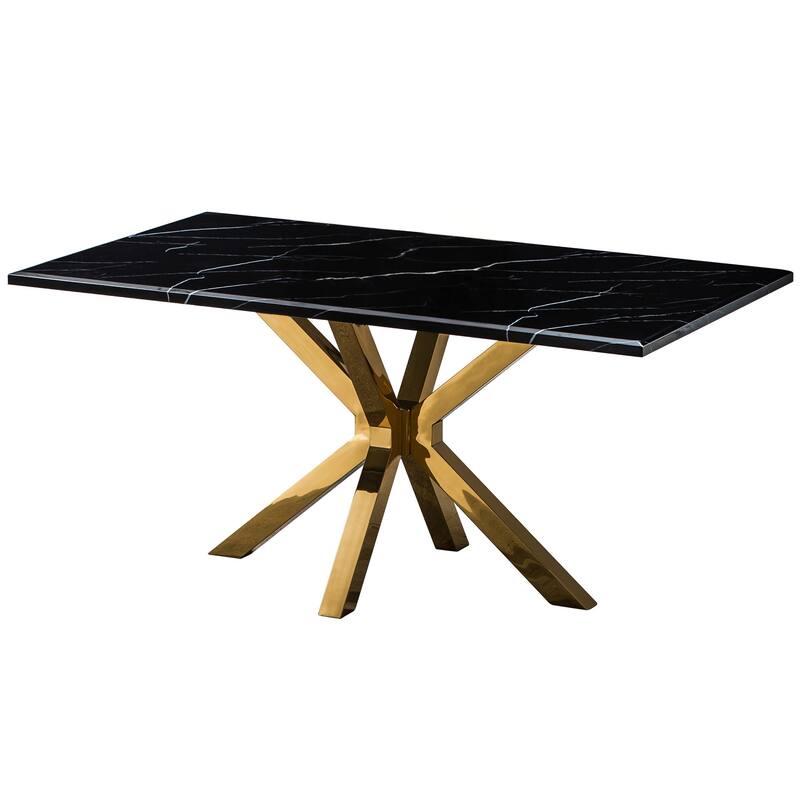 HomeRoots 63" Black and Gold Marble and Metal Cross Leg Base Dining Table - 63 in. x 29.9 in. x 35.4 in.