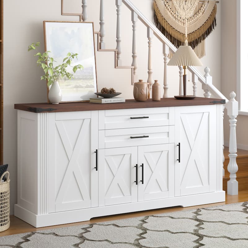 63" Barn Door Storage Cabinet with 2 Drawers & Door Rack, Large Buffet Table Coffee Bar Cabinets with Adjustable Shelves