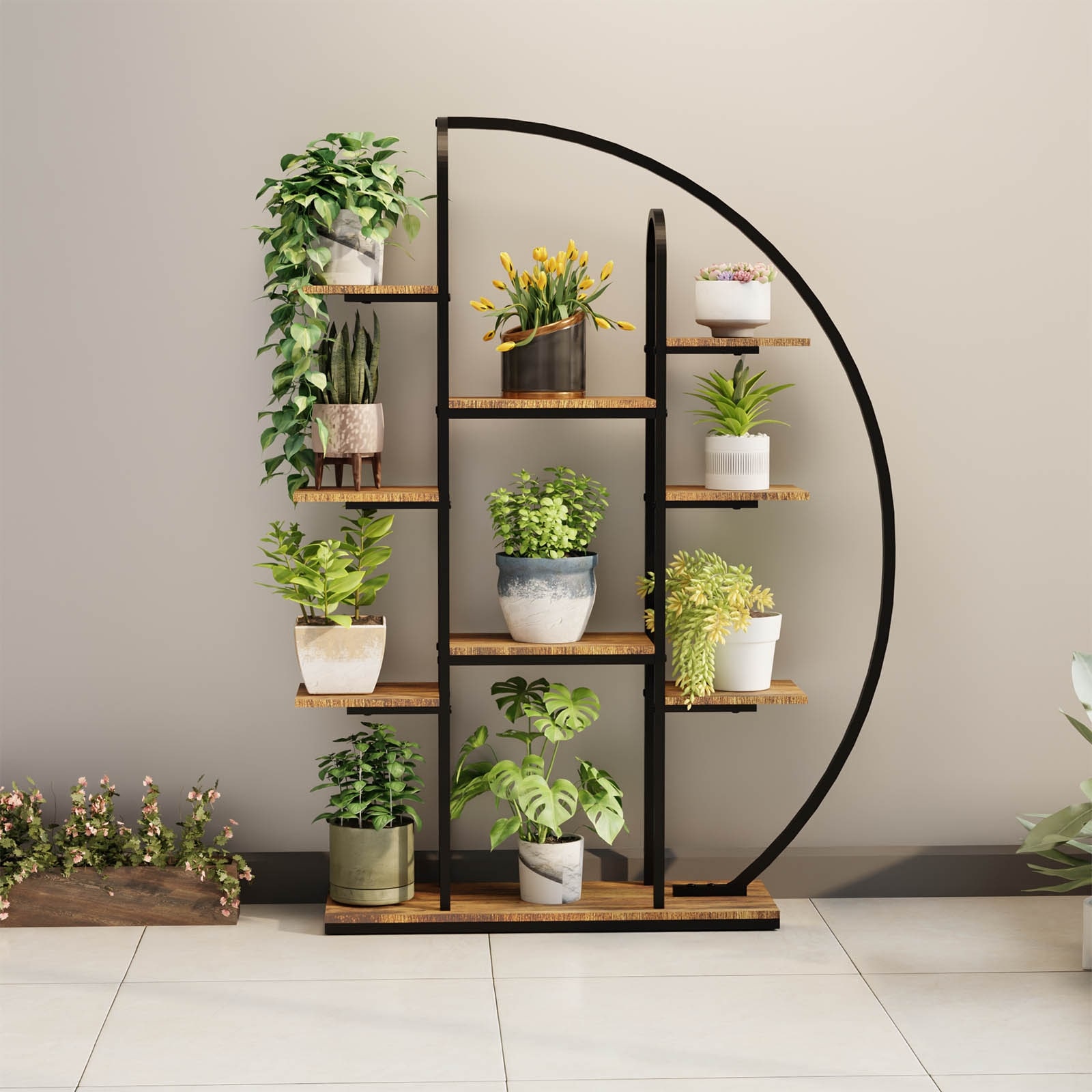 62.2"Metal Plant Stand with Grow Lights,9 Tier Moon-Shaped Plant Shelf with LED Light, Large Multi-Tier Display Plant Holder