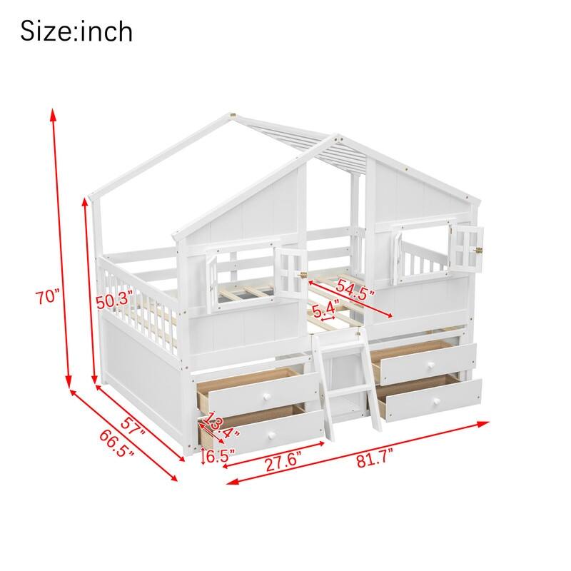 Full Size House Loft Bed with Roof, Windows,4 Storage Drawers with Guardrails