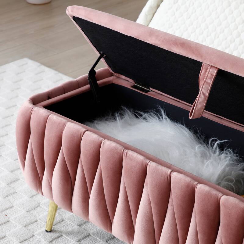 Oval Storage Bench with Gold Legs,Velvet Fabric Upholstered Ottoman Storage Benches for Bedroom End of Bed,Sherpa Fabric Bench