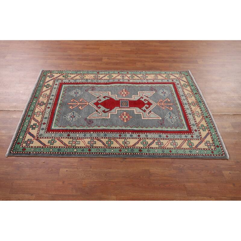 Gray Geometric Kazak Foyer Rug Hand-Knotted Traditional Wool Carpet - 3'4" x 4'9"