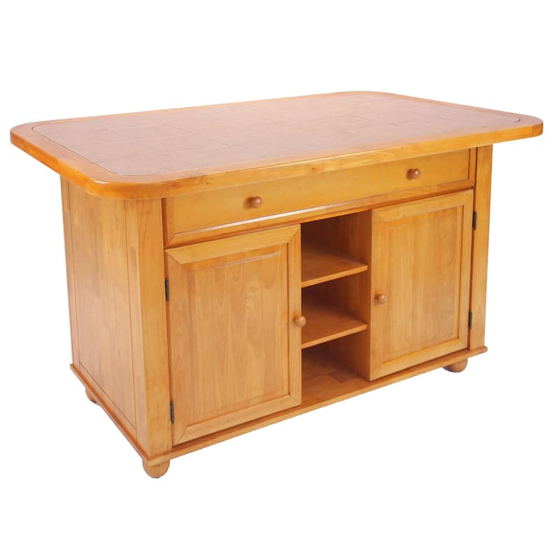 Kitchen Island with Storage & Breakfast Bar ,Oak Finish, Tile Top - Home Organization & Prep Station