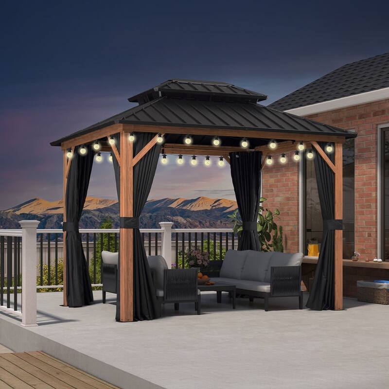 PURPLE LEAF Patio Hardtop Gazebo for Outdoor Wood Grain Aluminum Frame Galvanized Steel Double Roof and Backyard Garden - 08 x 10ft - Withlights 