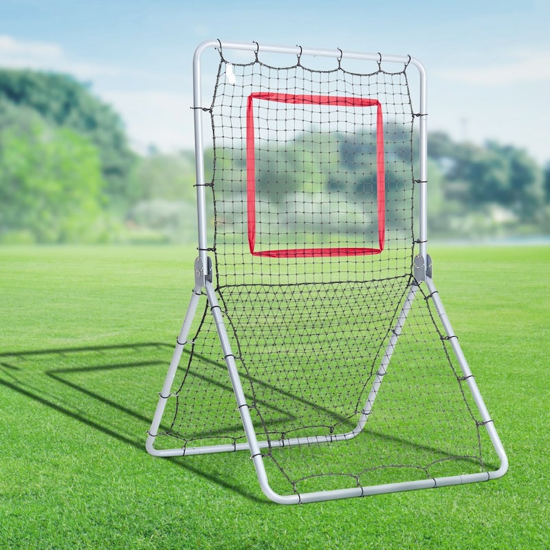 3.5 x 6 Feet Black Baseball and Softball Rebounder Netting with White Steel Frame and 5 Adjustable Angles